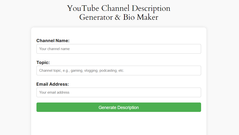 YouTube channel description generator, bio maker online tool, YT description AI writer on toolstep, gain views with SEO optimized about section story.